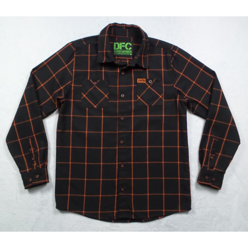Dixxon DFC Youth Division Boys Size Large Black Orange Button Up Flannel Pockets